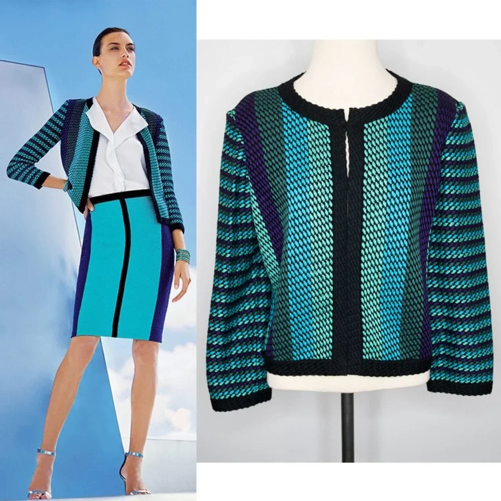 St. John Blue Teal Purple Woven Stripe Blazer P18 - Picture 1 of 8